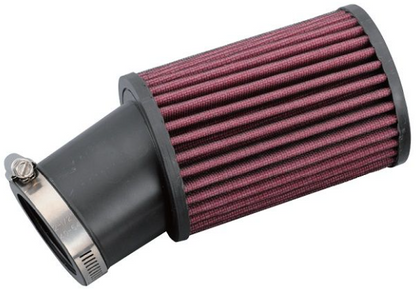 Car air filter with red pleated material on a white background