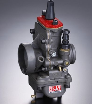 Carburetor with red and black accents on a gray background