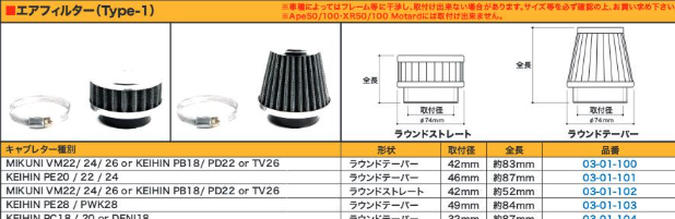 Air filter specifications chart with various dimensions and measurements.