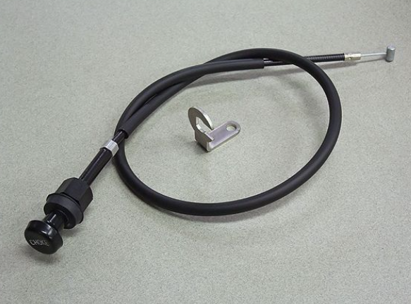 Black cable with metal connector on a gray background