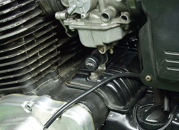 Close-up of a motorcycle engine with visible components