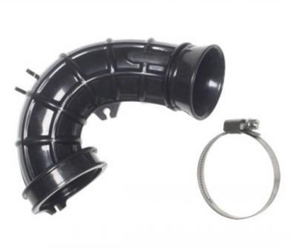 Black plastic pipe with elbow and clamp on a white background