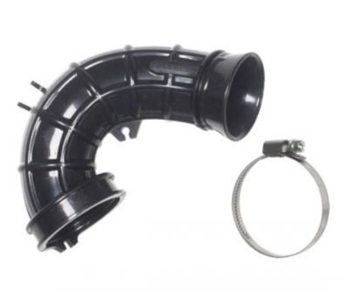 Black plastic pipe with elbow and clamp on a white background
