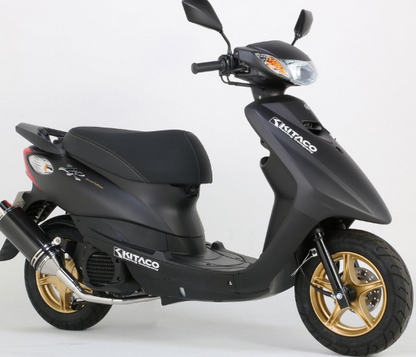Black scooter with gold wheels on a white background