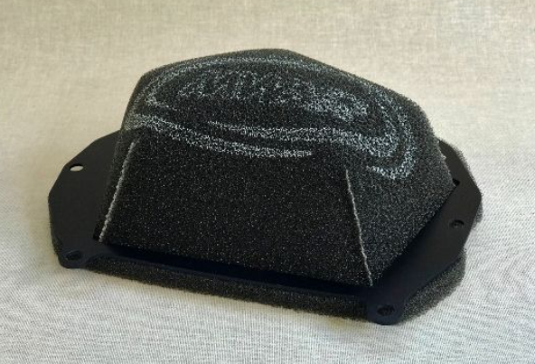 Black air filter with 'AEM' branding on a light gray background
