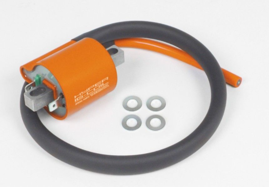 Orange ignition coil with black cable and washers on a white background