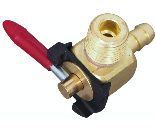Brass valve with red handle on a white background