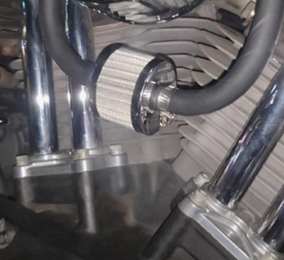 Close-up of a motorcycle engine with metallic components