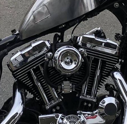 Close-up of a motorcycle engine with chrome details