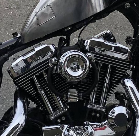 Close-up of a motorcycle engine with chrome details