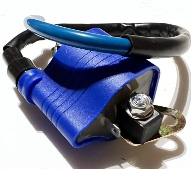 Blue and black metal clip with a bolt on a white background