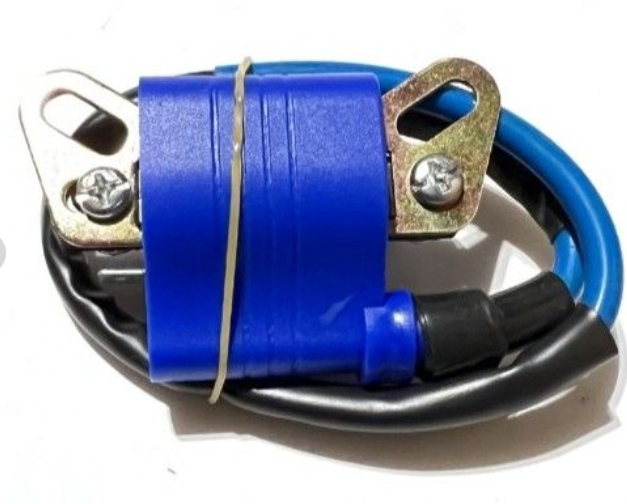 Blue electrical connector with metal parts on a white background