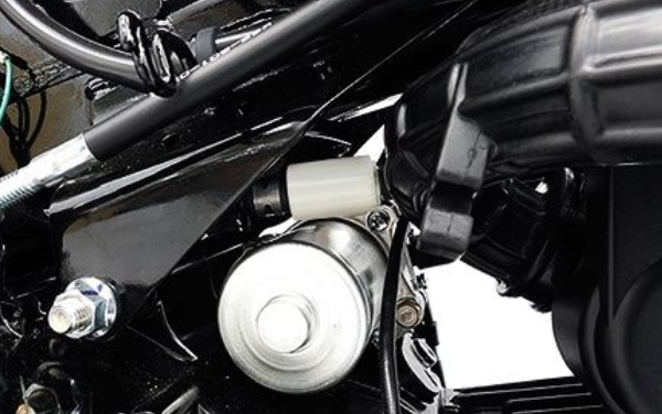 Close-up of a motorcycle engine and components