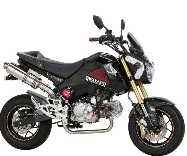 Black motorcycle with visible branding on a white background