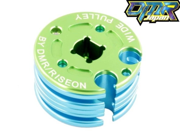 Green and blue pulley wheel with 'DMR' branding on a white background