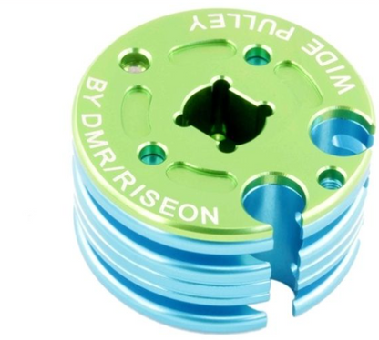 Green and blue pulley wheel with 'DMR/Riseon' branding on a white background
