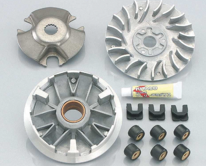 Mechanical components including gears and bearings on a gray background