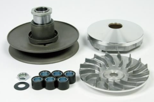 Set of mechanical components including pulleys and bearings on a white background