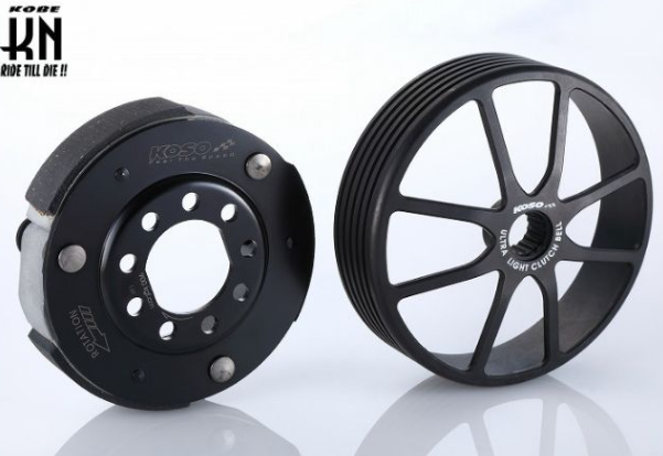 Two black metal components with branding on a white background