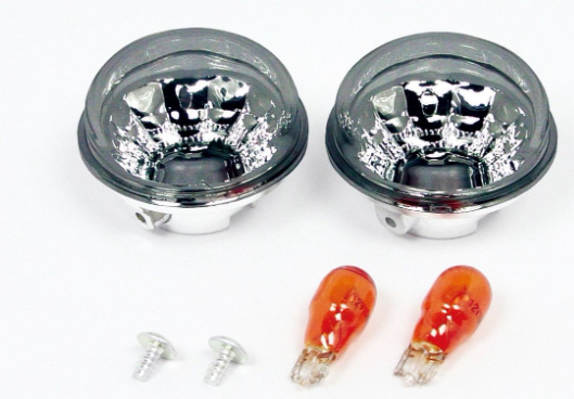 Two car fog lights with two orange bulbs on a white background