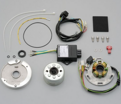 Collection of motorcycle parts including wiring harnesses, connectors, and metal components on a gray background.