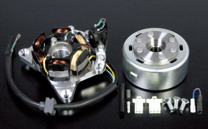 Motor parts and components on a black background