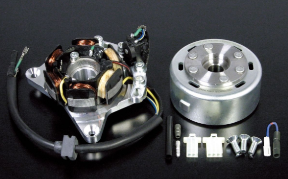 Motor parts and components on a black background