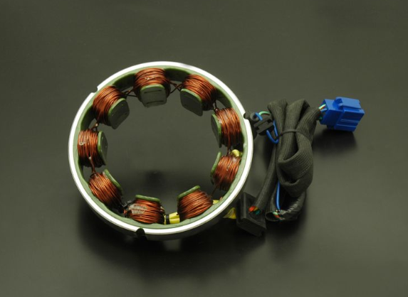 Electrical stator with copper windings on a dark background