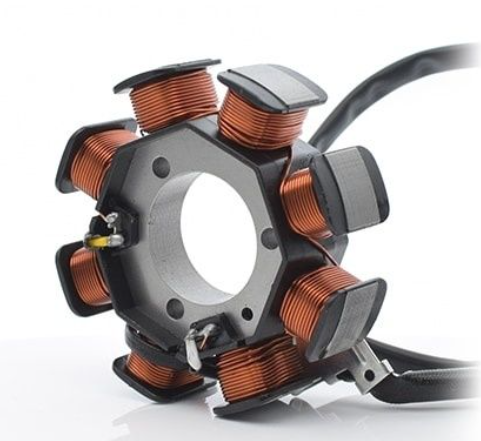 Close-up of a stator assembly with copper coils on a white background