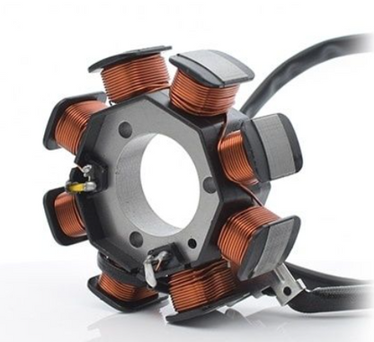 Close-up of a stator assembly with copper coils on a white background