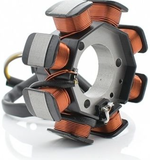 Electrical component with copper coils and black casing on a white background
