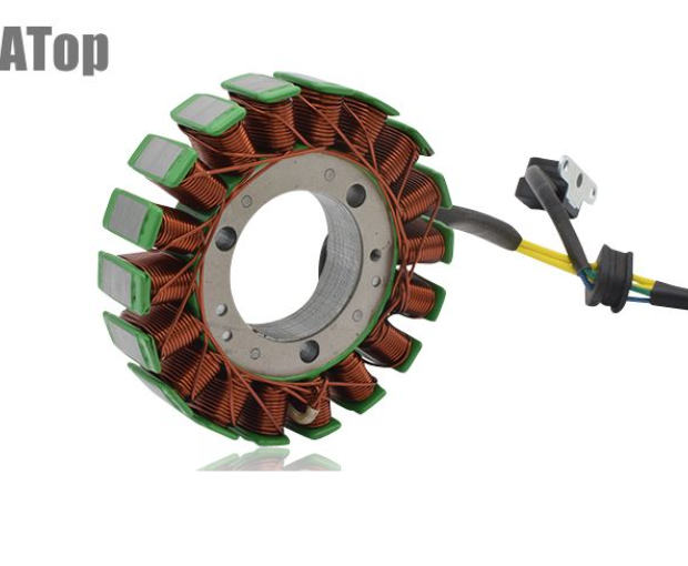 Electrical stator component with copper windings on a white background