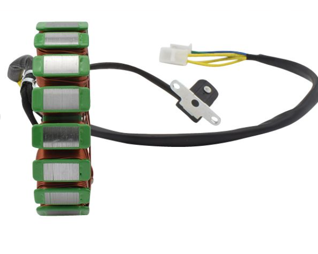 Battery pack with green cells and black cables on a white background