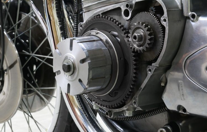 Close-up of motorcycle gears and wheel assembly