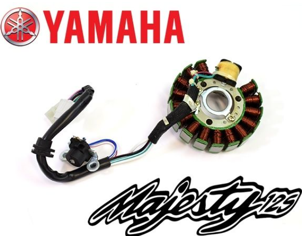 Yamaha stator with wiring harness on a white background, featuring the Yamaha logo.