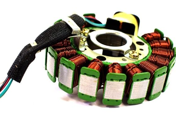 Motor stator with coils and connectors on a white background
