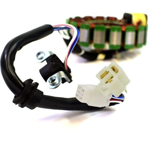 Electrical components including wiring and connectors on a white background