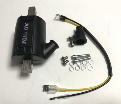 Black electrical component with wiring and connectors on a white background
