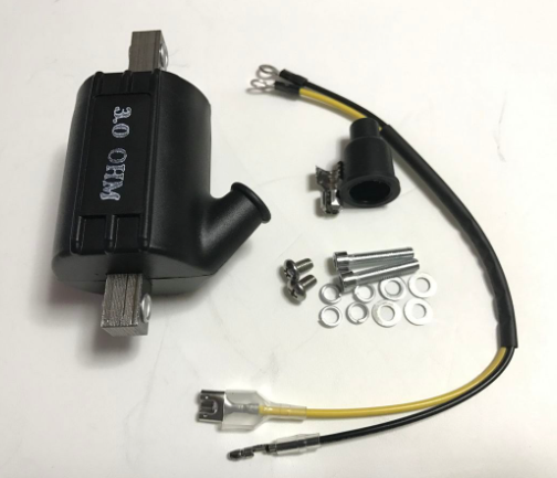 Black electrical component with wiring and connectors on a white background