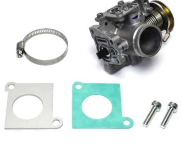 Turbocharger repair parts including a turbine wheel, gasket, and bolts on a white background