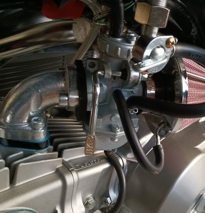 Close-up of a motorcycle engine with visible components