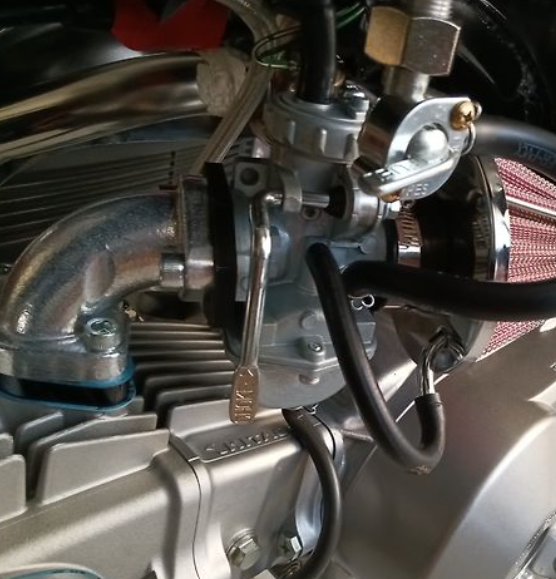 Close-up of a motorcycle engine with visible components