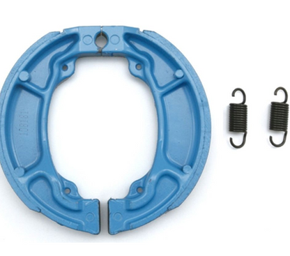Blue brake shoe with two black springs on a white background