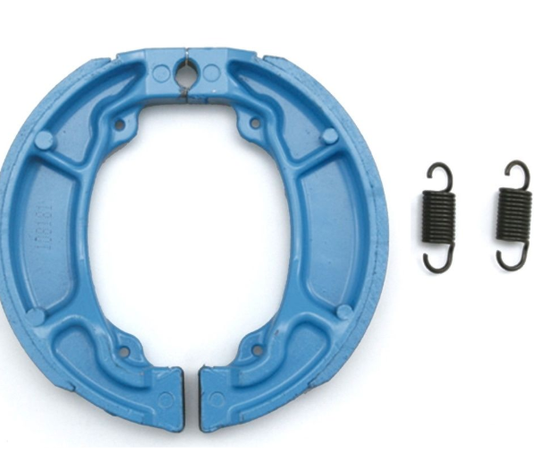 Blue brake shoe with two black springs on a white background