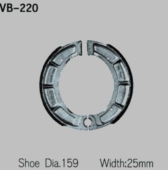 Metallic brake shoe with specifications on a gray background