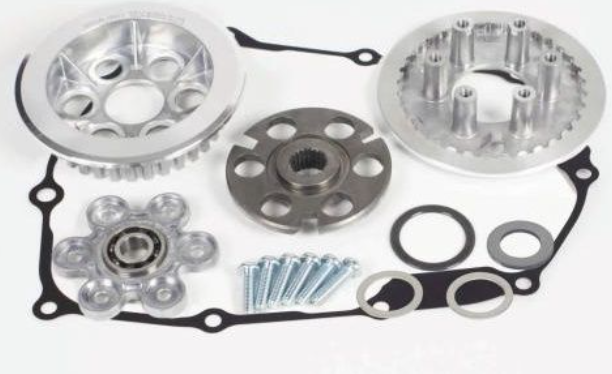 Automotive timing chain kit with gears, bolts, and washers on a white background