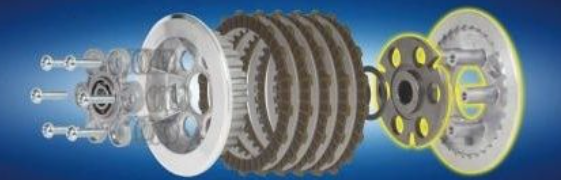 Mechanical components including gears and shafts on a blue gradient background
