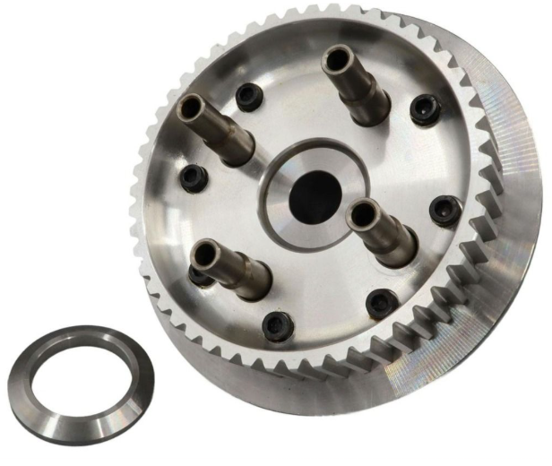 Metal gear component with a smaller ring on a white background