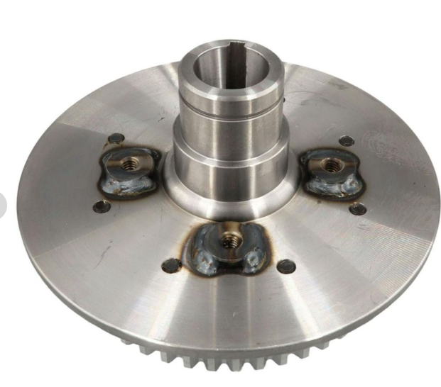 Metallic flange with central cylindrical hub and bolts on a white background