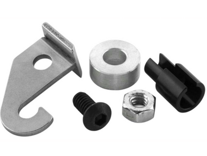 Set of mechanical parts including a metal bracket, washer, screw, and nut on a white background